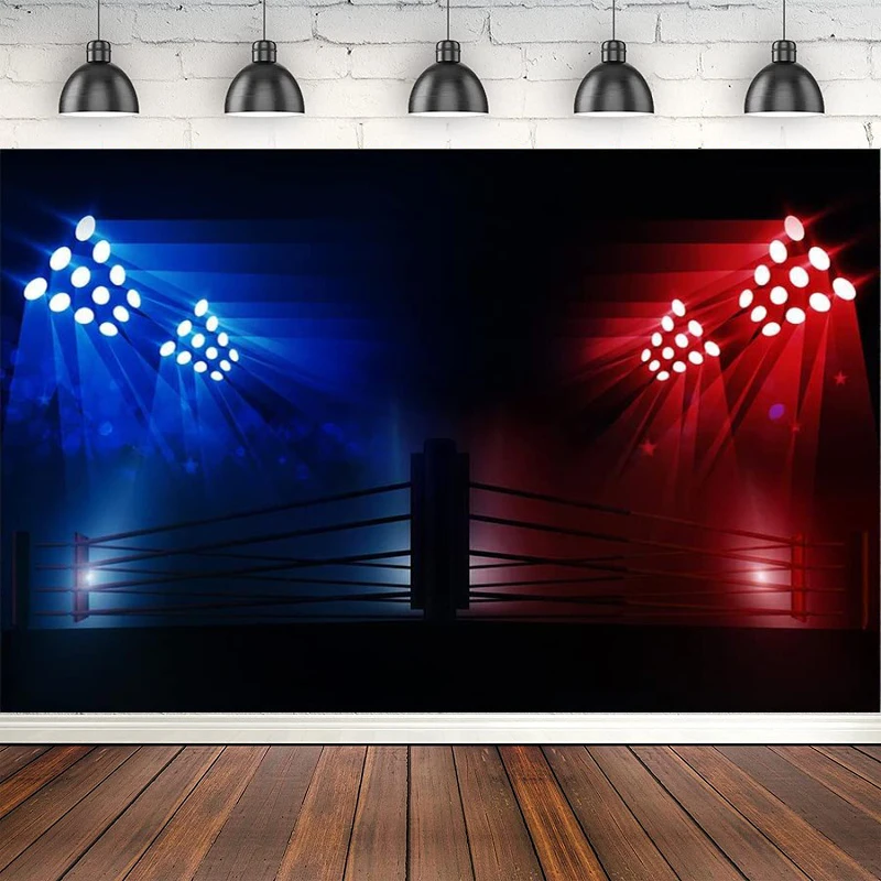 Photography Backdrop Boxing Ring Arena And Blue Red Floodlights Sports Night Dessert Table Banner Decor Background Poster