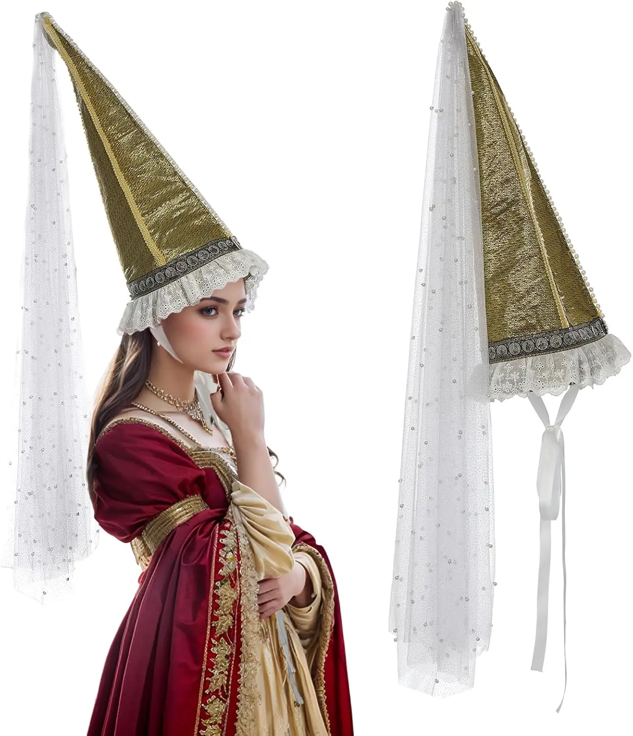 Middeleeuwse Hennin hoed met sluier kegel puntige hoed Renaissance clown heks cosplay Halloween accessoire