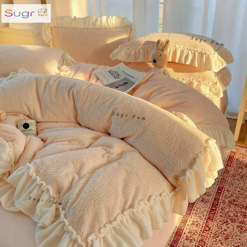 

French princess bow milk fleece four-piece winter jacquard thickened coral fleece lace double-sided fleece quilt cover 4