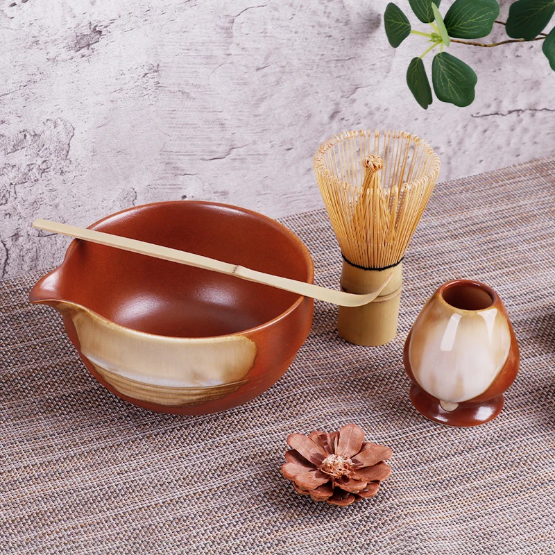 วินเทจญี่ปุ่นพิธีชงชา Matcha ชุด 4 ชิ้น Premium Matcha Starter Kit ไม้ไผ่ Whisk & ชามเซรามิคชุดของขวัญกล่องเป็นมิตรกับสิ่งแวดล้อม