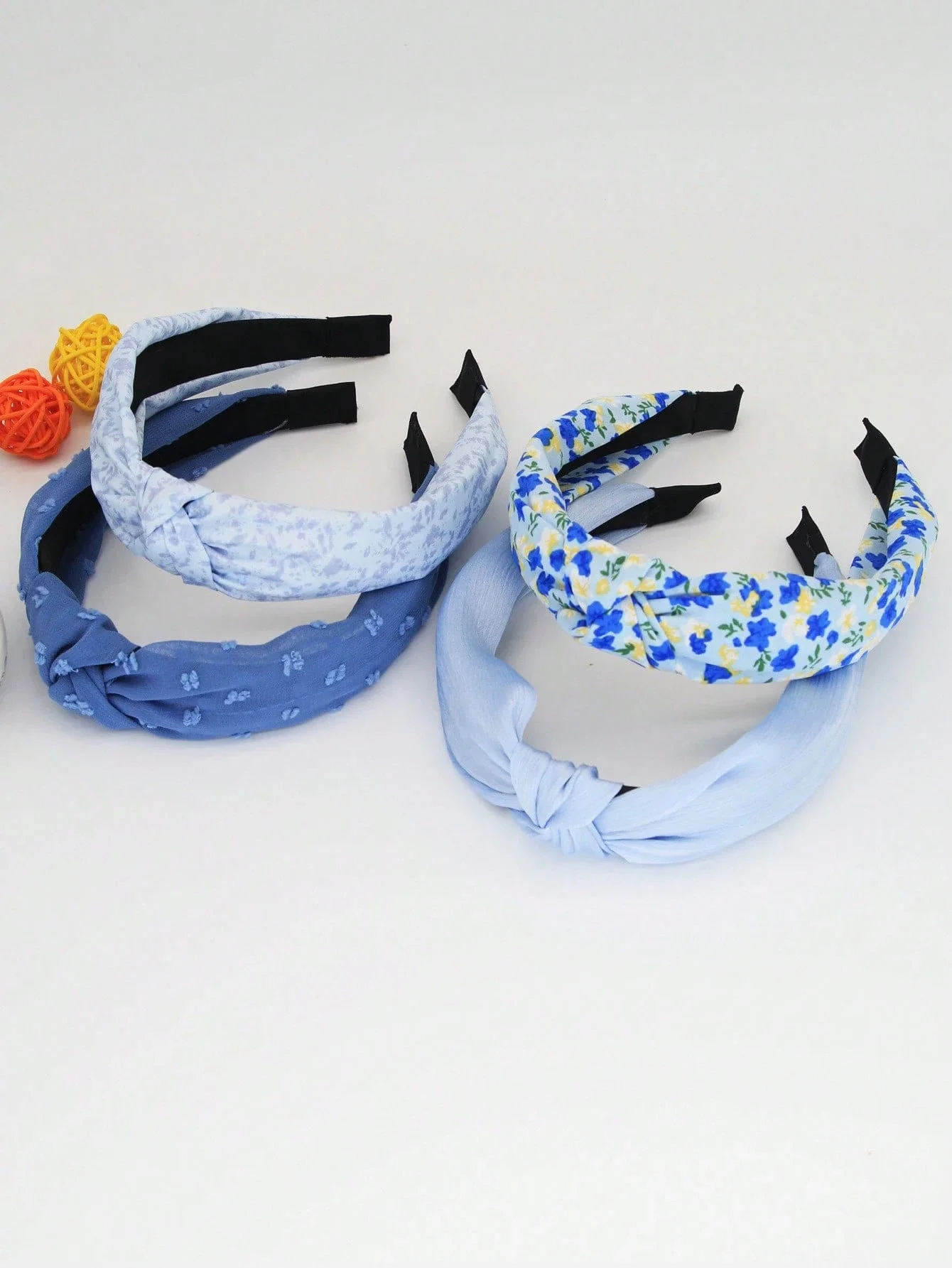

4pcs Blue Floral And Solid Color Knotted Headbands For Women Fashion Hair Accessories