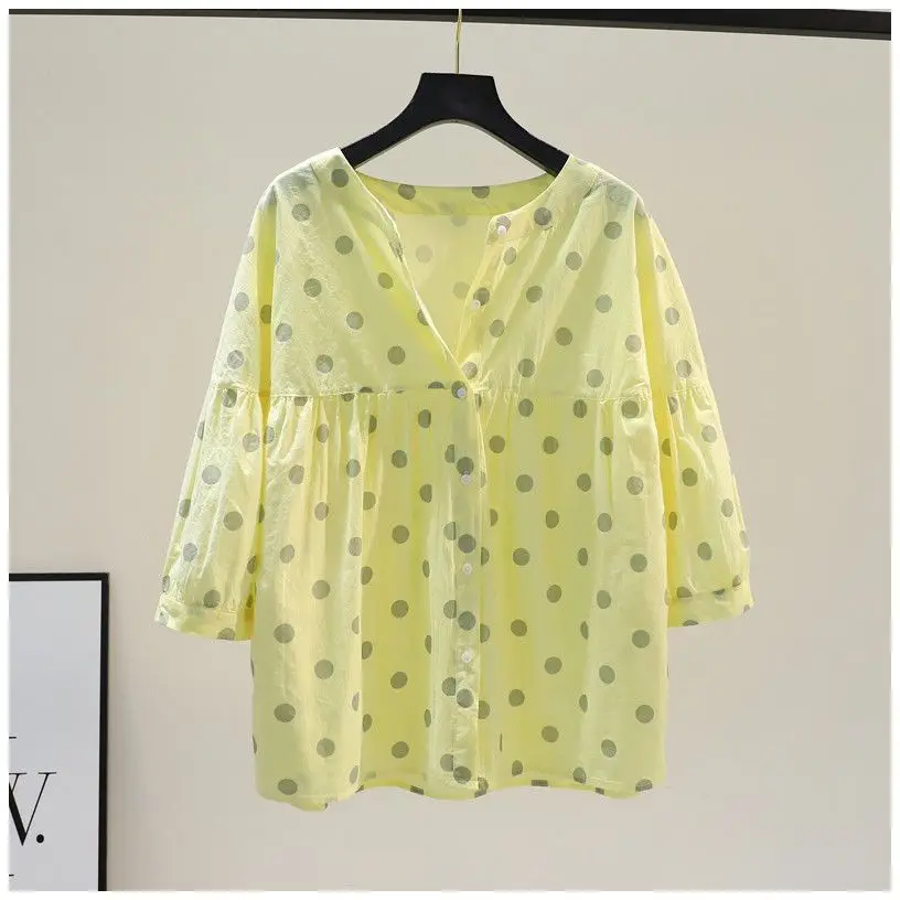 Blusa de gasa con cuello redondo para mujer, camisa holgada de manga corta con estampado de lunares, Estilo Vintage Harajuku, Verano