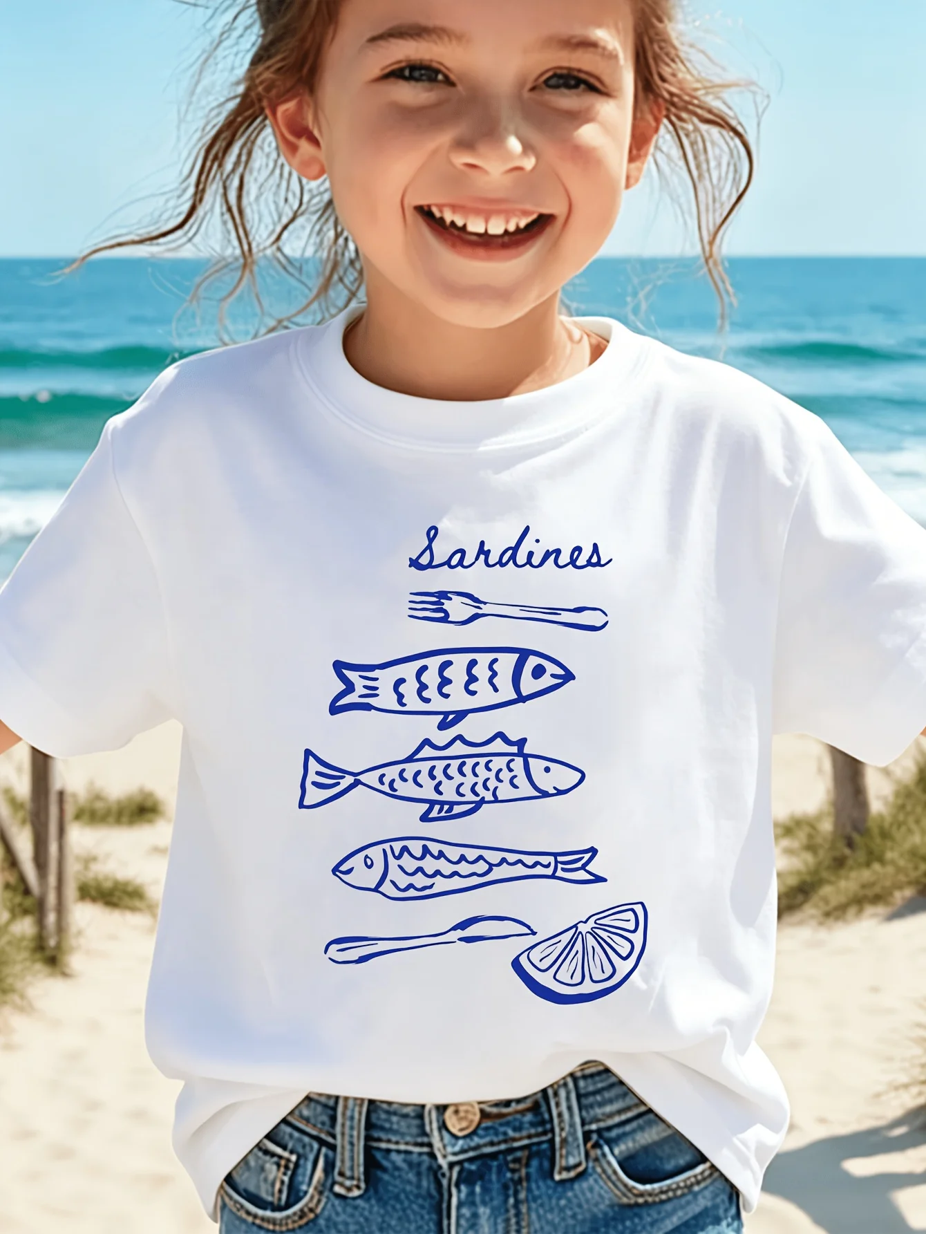 Kids Sardines Fish Lemon Fork Spoon Line Art Graphic Tee Boys Girls Family Matching Short Sleeve Ocean Food Casual Daily T Shirt