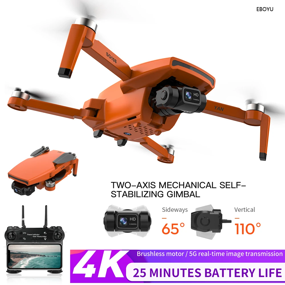 EBOYU SG108PRO GPS RC Drone 5G WiFi FPV 4K Dual Cams 2-Axis Gimbal Foldable Brushless Drone Follow Me Optical Flow Positioning