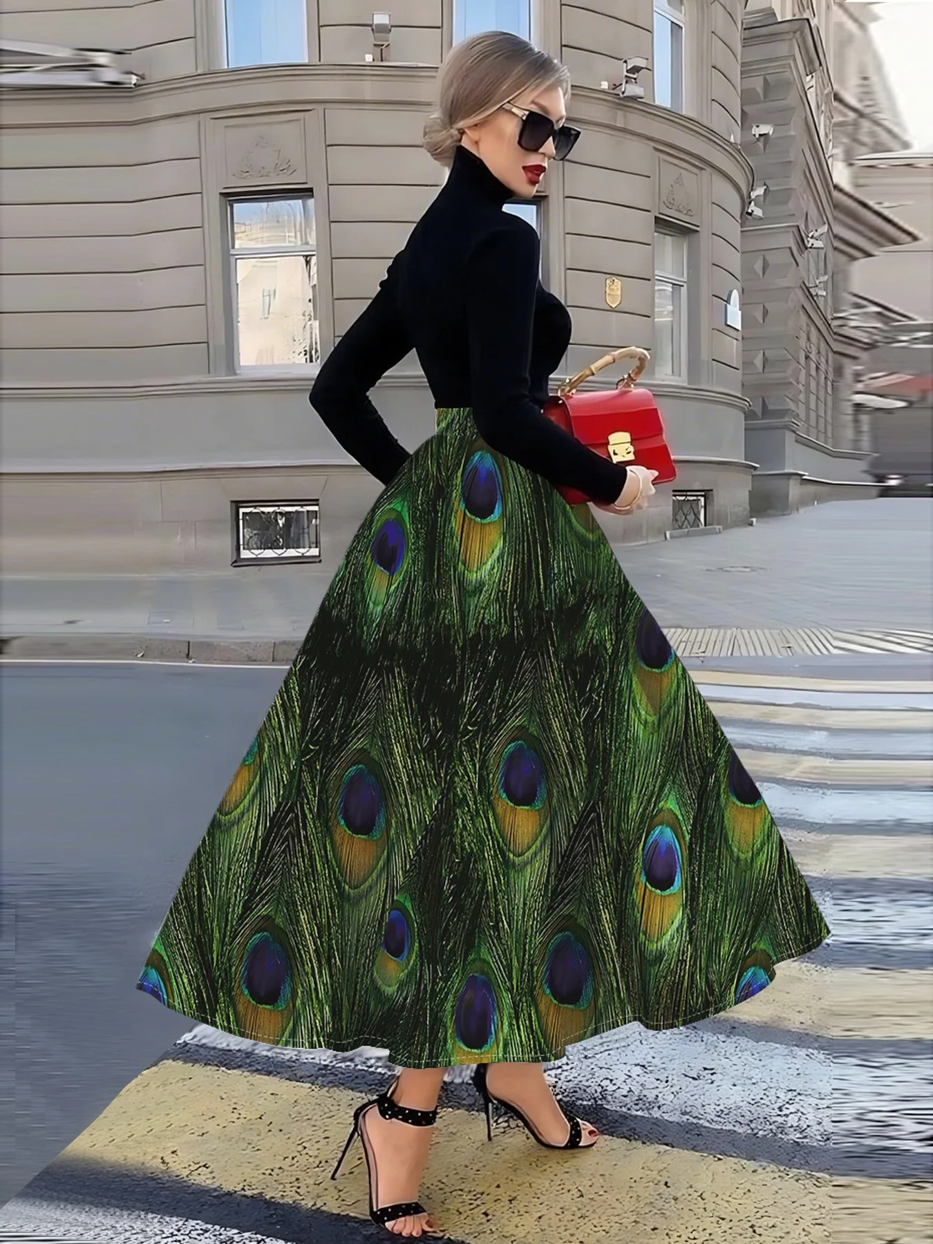 Printed Design Suitable for all four seasons Peacock Feather Pattern Print Design vacation style elegant style women's half skir