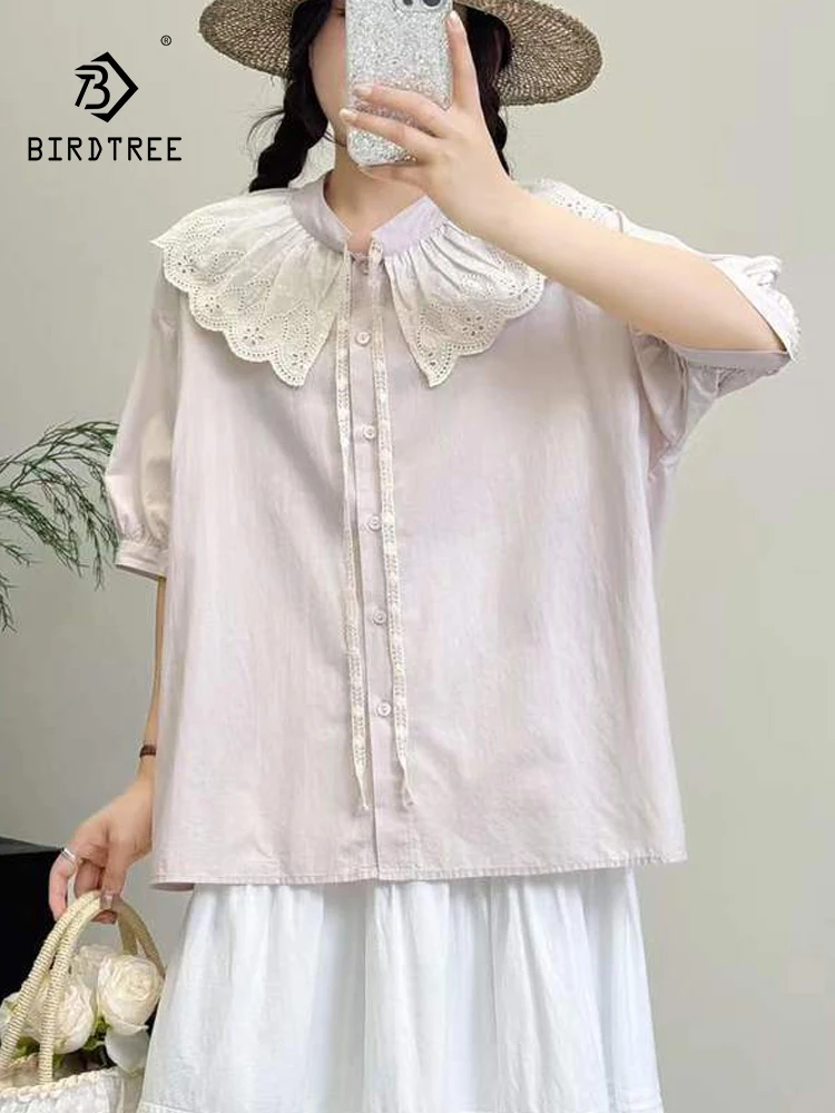 

New 2026 Summer Women Cotton Short Sleeve Shirt, Stand Lace Patchwork, Mori Girl French Age Reduction Thin Loose Blouse T64183CC