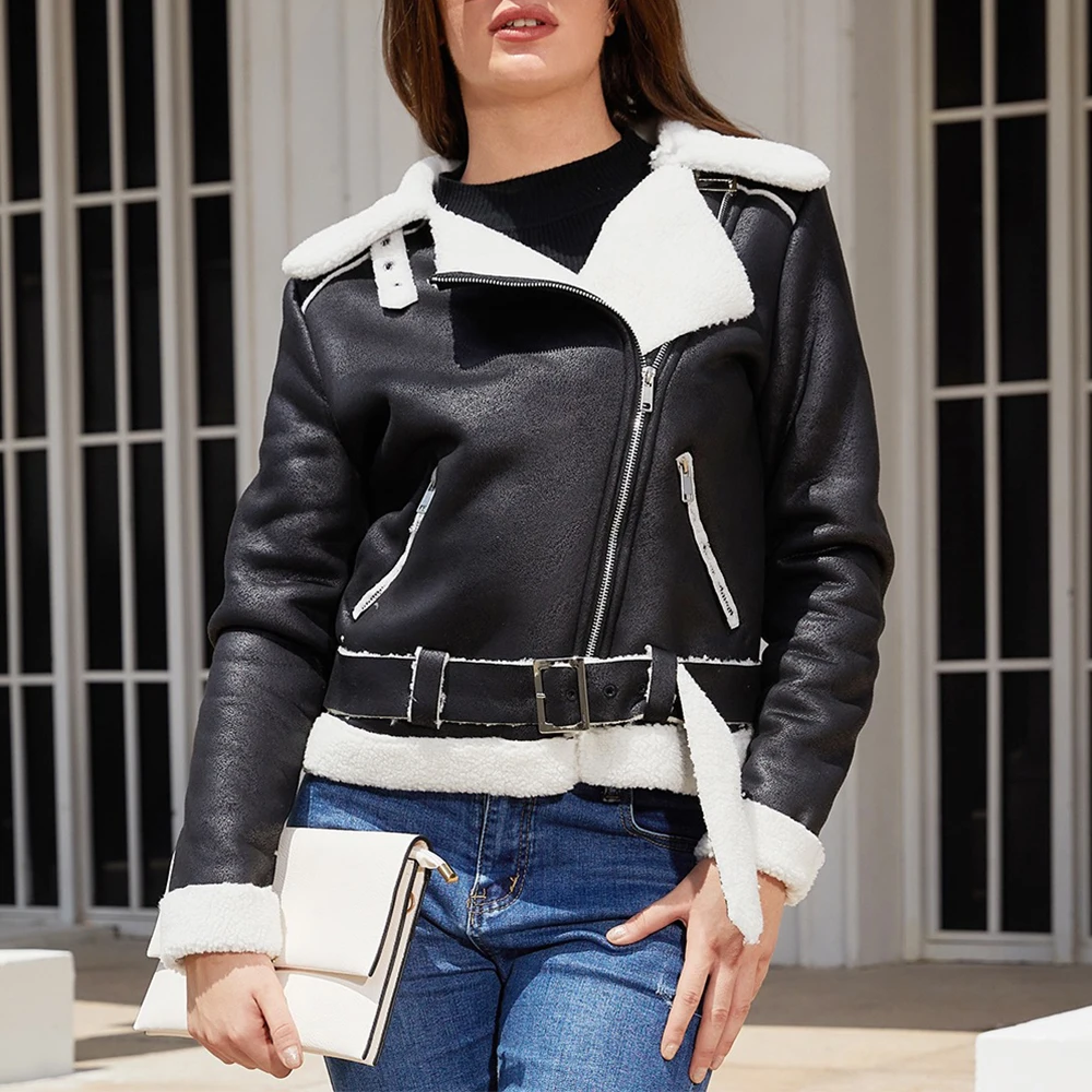 سترة نسائية من جلد الغزال مبطنة بالفرو الصناعي وياقة بحزام للخريف والشتاء معطف جلد دافئ ملابس خارجية أنيقة للسيدات