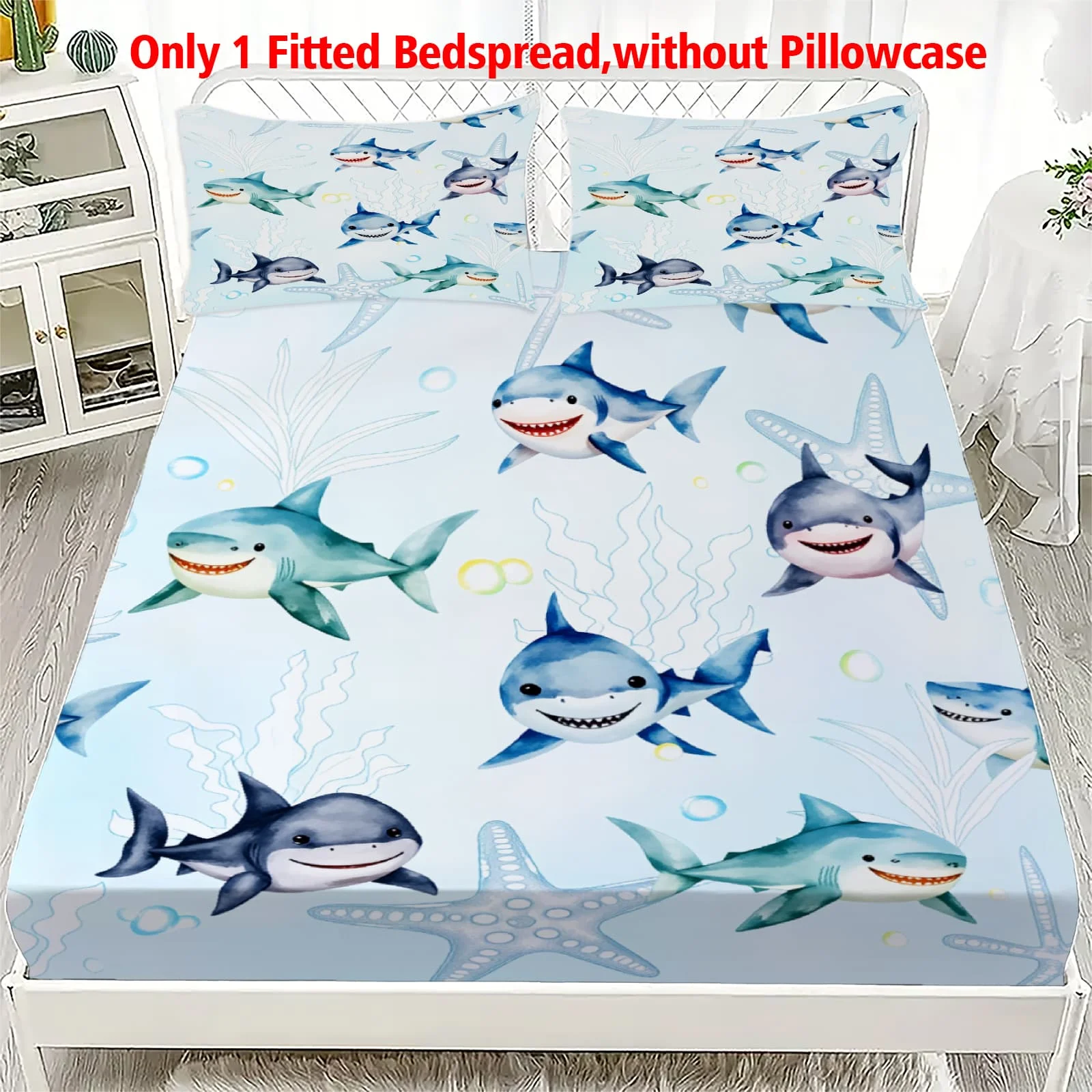 1pc Cute Cartoon Sharks Underwater Print Fitted Sheet Deep Pocket Elastic Mattress Cover Single Double Queen King Bedroom Decor