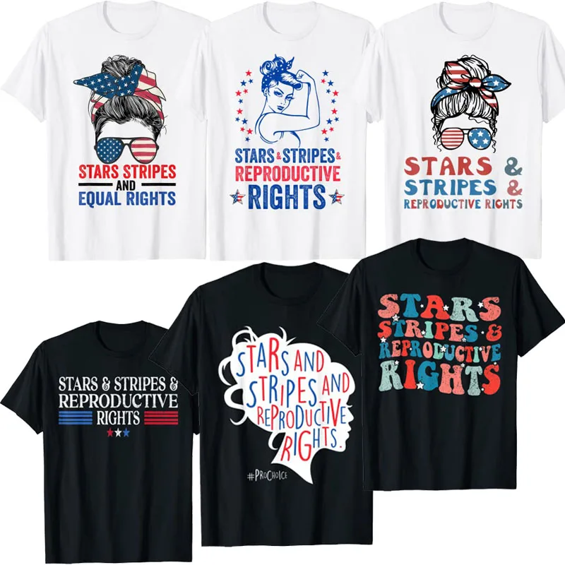 

Stars Stripes and Equal Rights Reproductive Right Messy Bun T-Shirt Patriotic 4th of July USA Flag Shirts Pro Choice Clothes