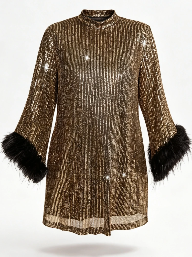 1XL-5XL Plus Size Women Clothes Dresses Spring Autumn Robes Long Sleeve Street Style Casual 3XL Big Size Sequin Dress Oversized