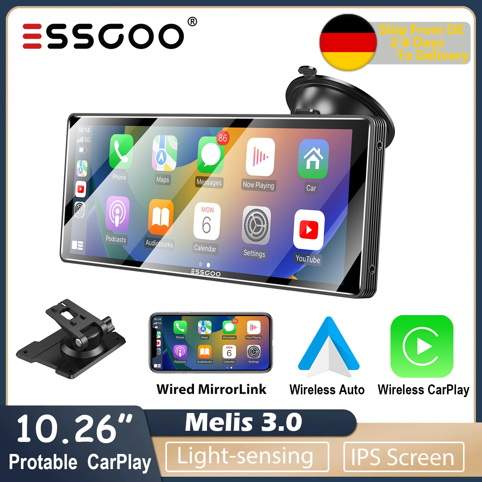 

ESSGOO 10.26" Wireless CarPlay Dashboard Monitor Automotive Multimedia Player Android Auto MirrorLink WiFi FM Portable Car Radio