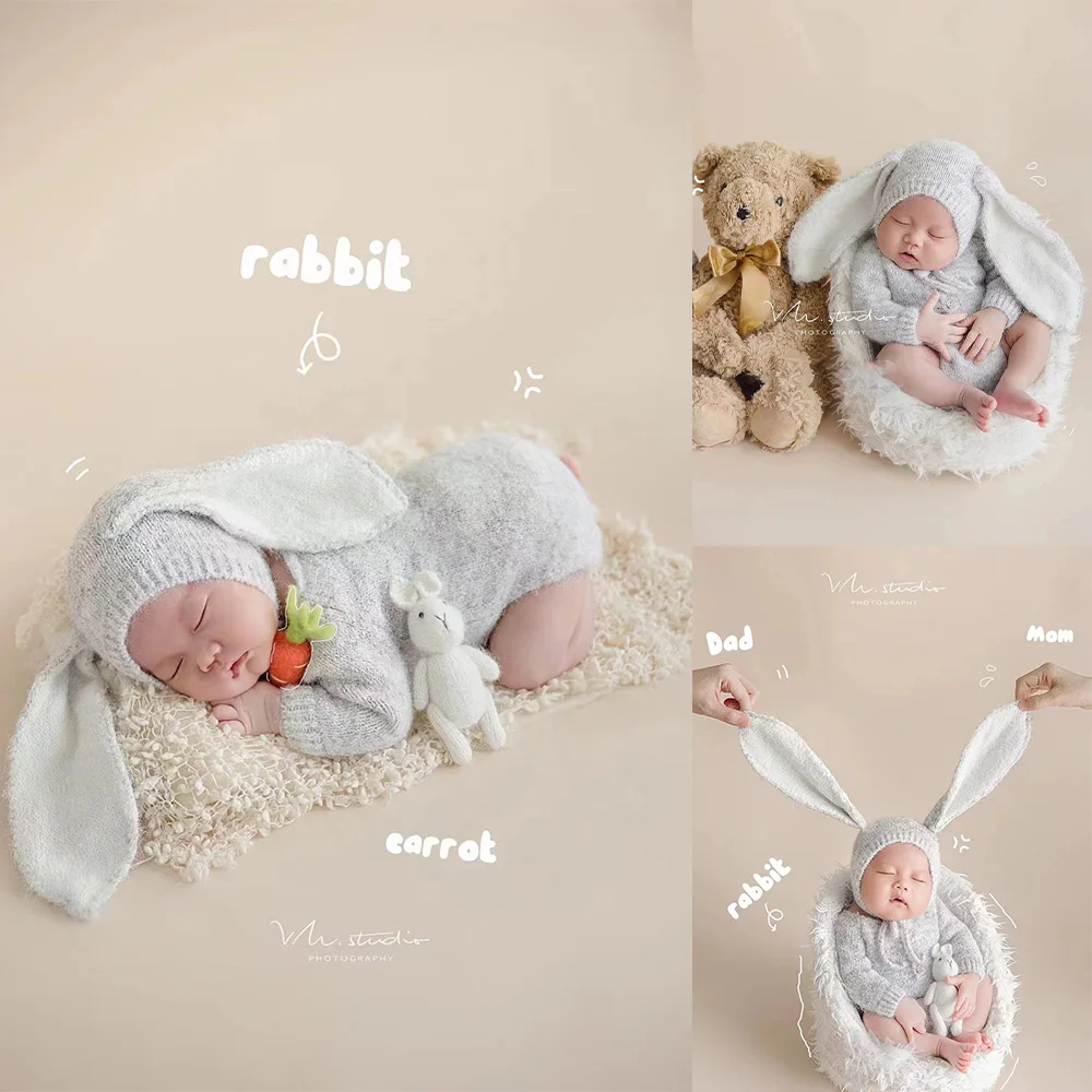 Full Moon Newborn Baby  Photography Outfit Grey Knitted Jumpsuit Long Ears Rabbit Hat Stuffed Bunny Doll Studio Photoshoot Props