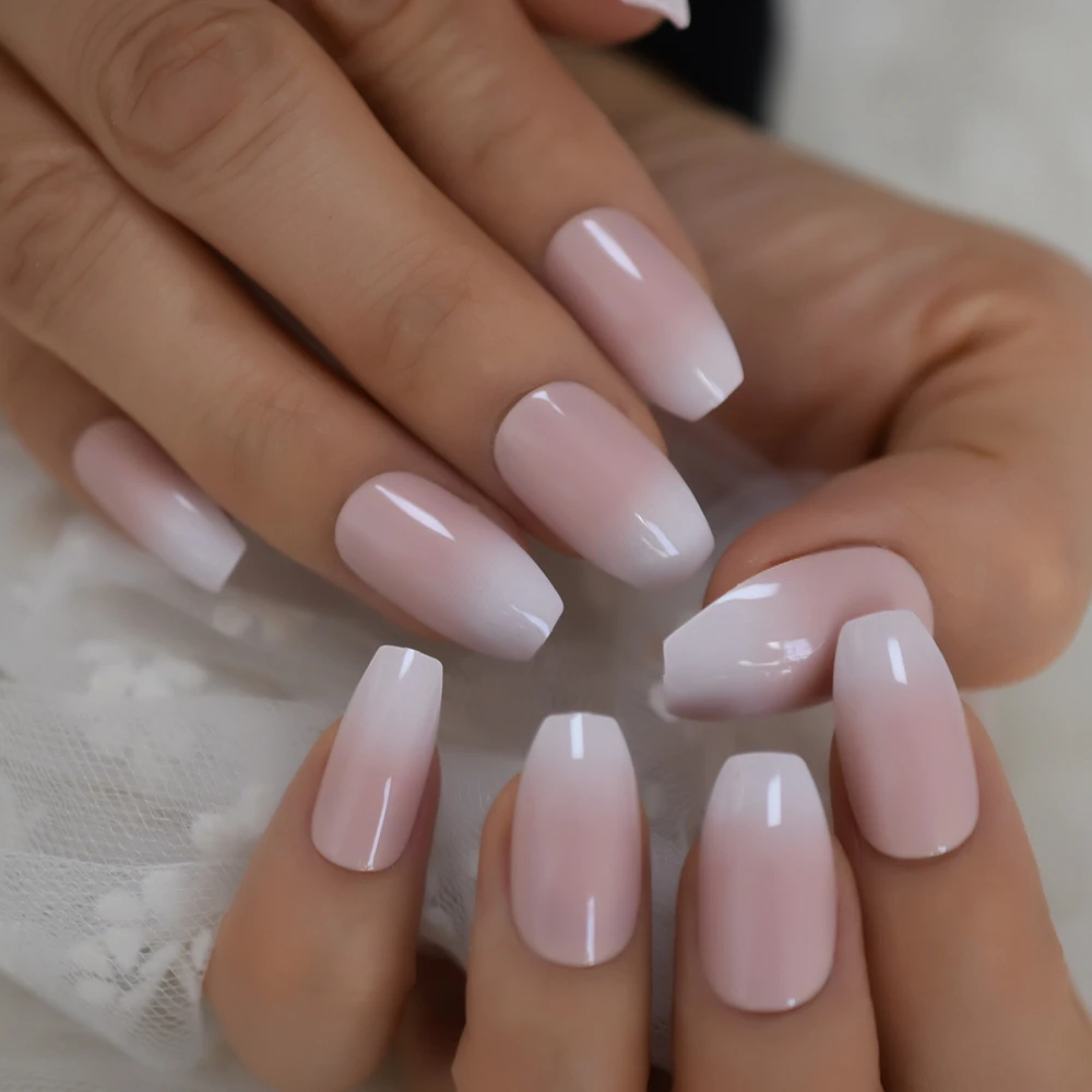 Pink Ombre Fake Nails Coffin Shape Medium Size Ladies Fingernails Natural French Faux Ongles 24 ct