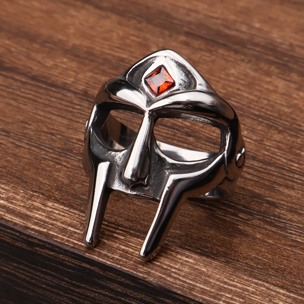 Classic Punk Gothic Mf Doom Mask Rings for Men Women Biker Stainless Steel Red Stone Ring Fashion Amulet Jewelry Gift  Wholesale