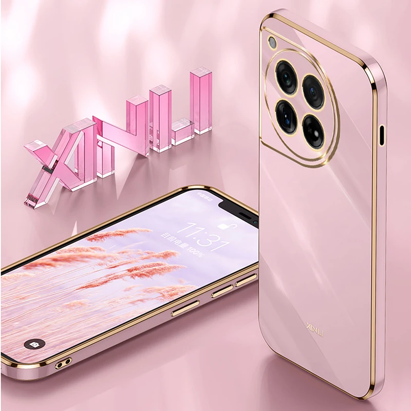 Straight Edge Phone Case for OnePlus Ace3 V Ace 3 Pro 3V 3Pro 5G Camera Protection Original Plating Silicone Glossy Bumper Cover