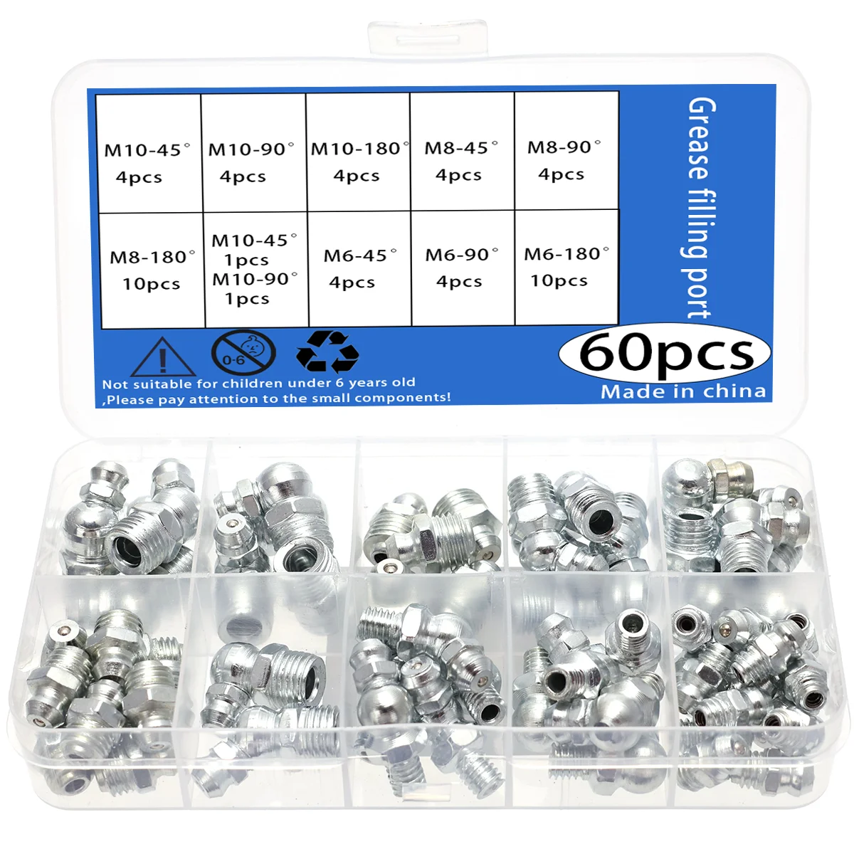 طقم حلمات شحم مجلفن مكون من 60 قطعة - حلمة شحم M6/M8/M10 45 ° /90 ° /180 °   للآلات الصناعية للسيارات والتصنيع