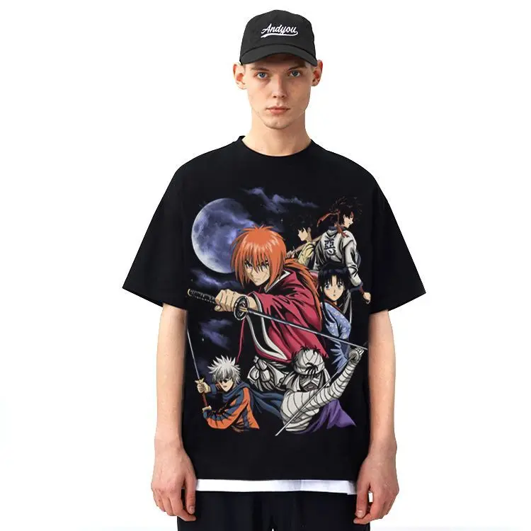 Camiseta de Anime Rurouni Kenshin, camiseta de manga corta de algodón negro de verano 2025, con estampado de personajes de Kenshin Himura