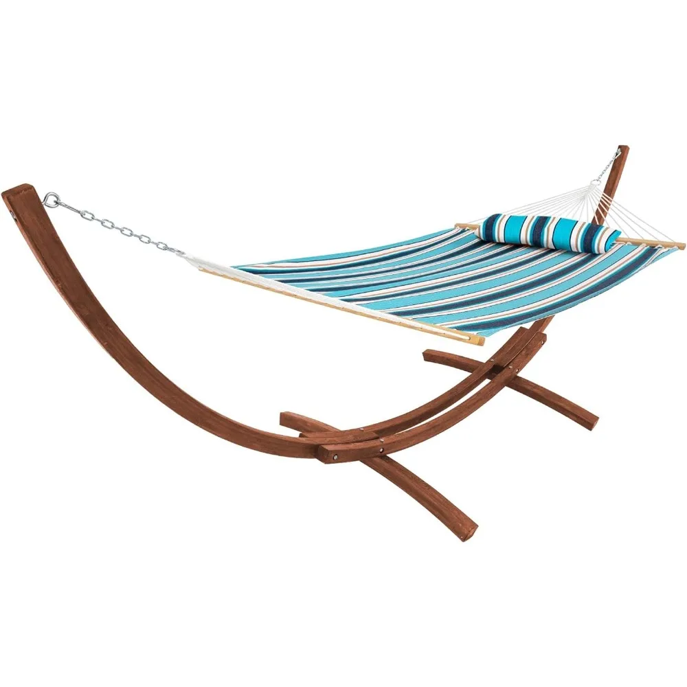 12FT Sunbrella Fabric Hammock with Wood Arc Stand Free Pillow Fits for Two Persons，450 lbs Weight Capacity