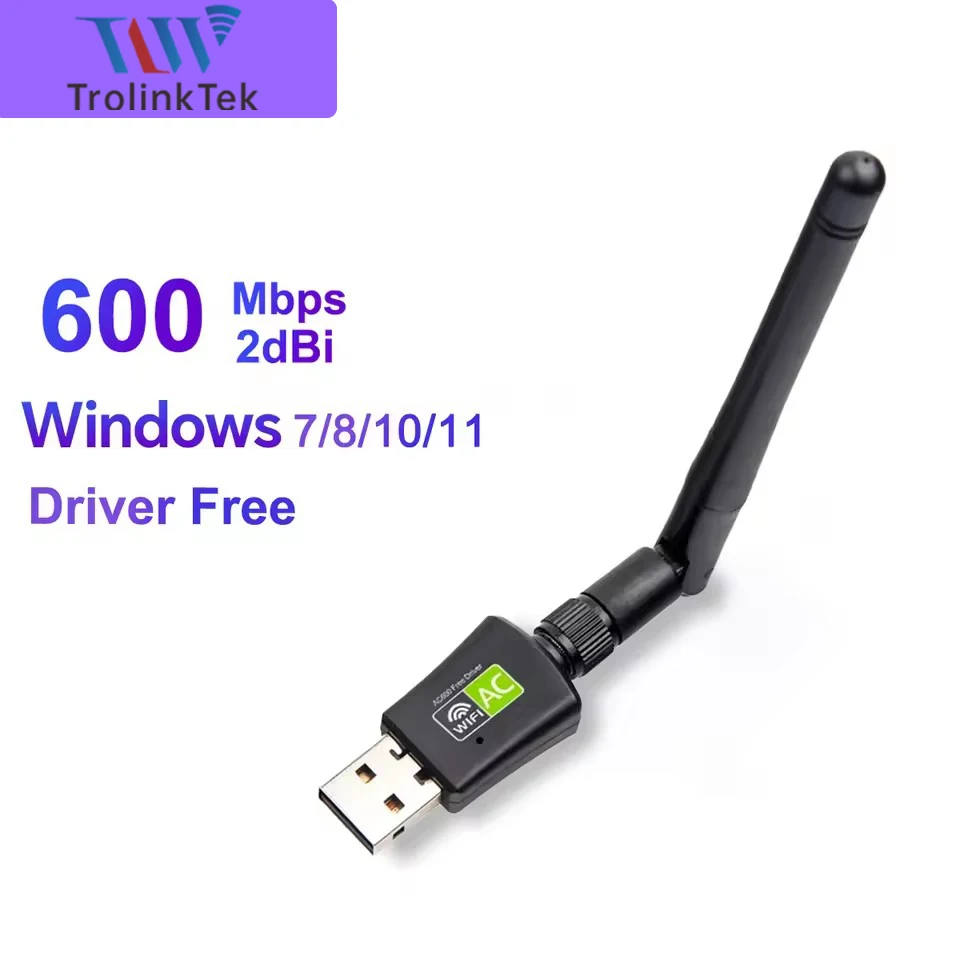 

USB-адаптер Wi-Fi 600 Мбит/с, 2,4 ГГц/5 ГГц, Wi-Fi 5, USB 2.0, с антенной высокого усиления, беспроводная сетевая карта для ПК/ноутбука, без драйверов