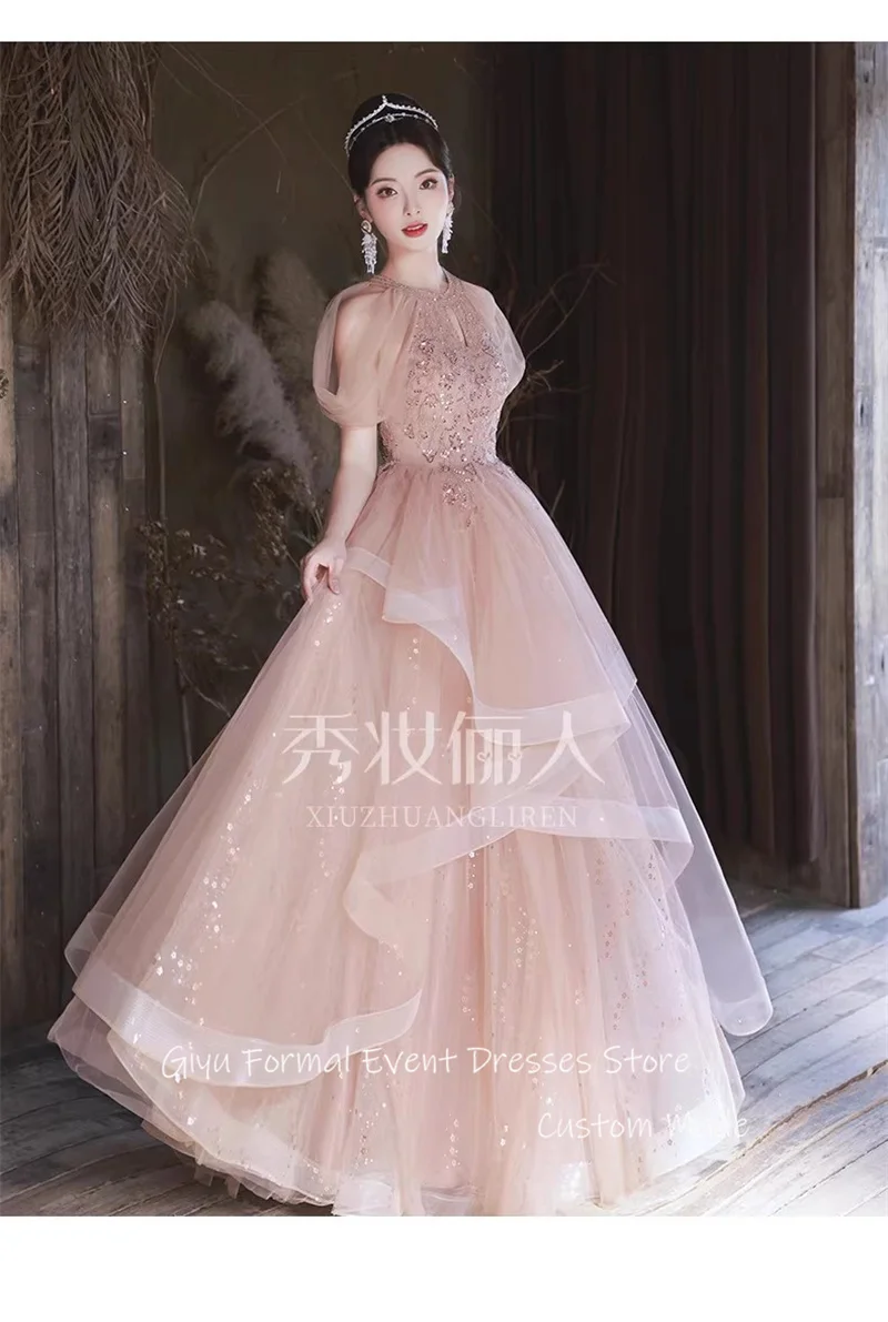 Gaun malam Tulle perona pipi berkilau gaun pesta Prom lengan Puff pemotretan Korea gaun acara khusus gaun pesta Formal