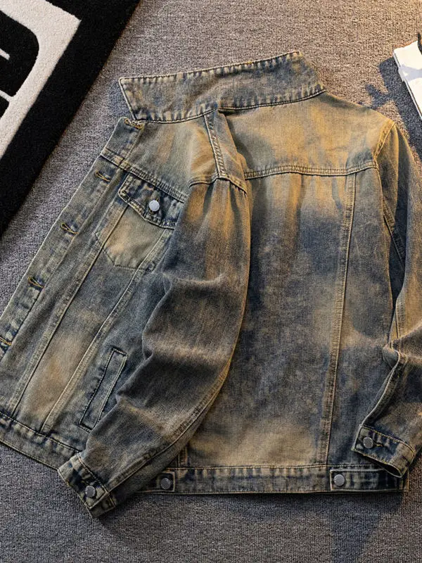 Washed Denim Jacket Men's Short Style Spring Autumn Yellow Mud Color American Retro High Street Workwear Jacket Youth Fashion