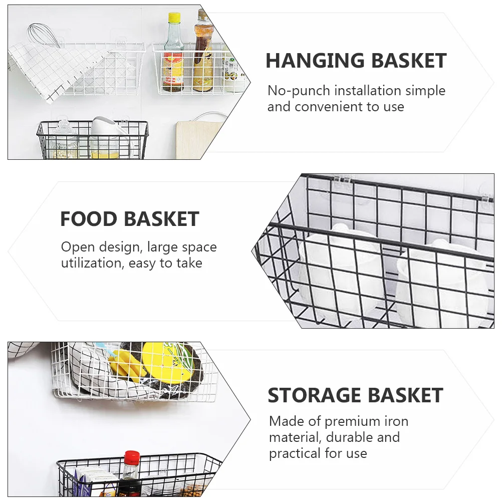 

2pcs Wall Mount Iron Storage Baskets Kitchen Organizer Hanging Basket For Kitchen Living Room Countertops Cabinet Black