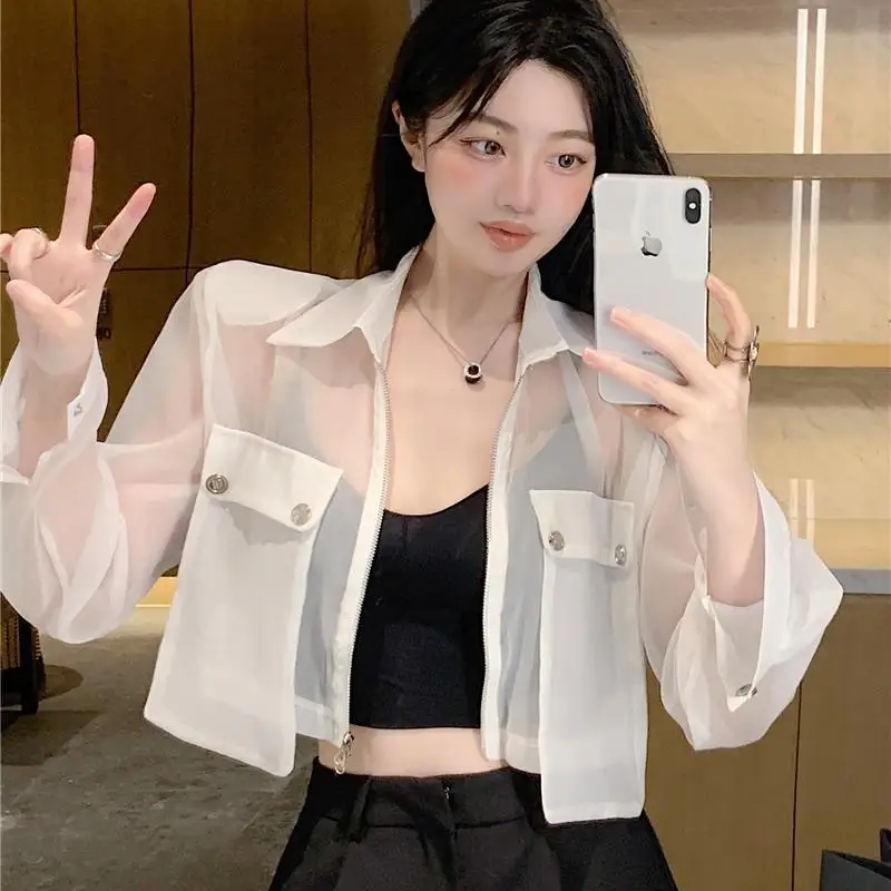 Sunproof Jackets Women Transparent Summer Thin Double-zipper-up New Design Crop Coats Trendy Minimalist All-match Pockets Daily