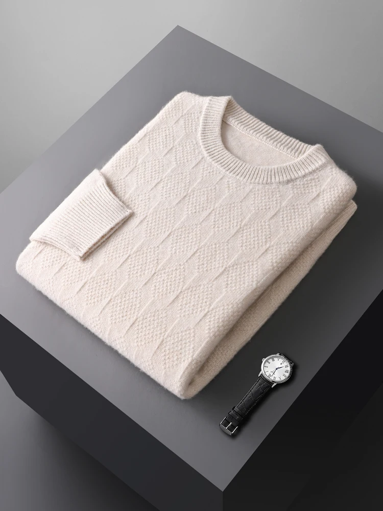 Men's 100% Merino Wool Knitted Jacquard Pullover Sweater Autumn Winter O-neck Casual  Clothing Solid Color Long Sleeve Warm Tops