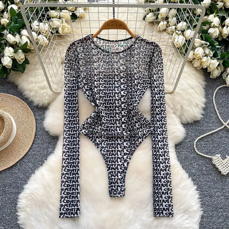 Edgy Print Mesh Rompers Open Crotch Design Full Sleeve O Neck Thin Bodycon Trendy Women Sheer Sexy Glamorous Bodysuits