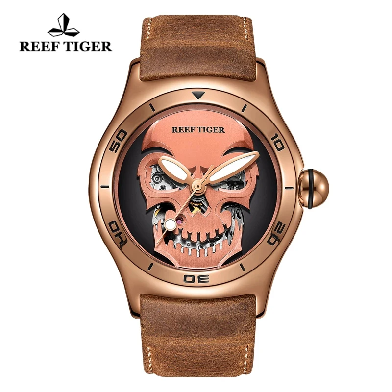 Reef Tiger/RT Men Skull Watch Steampunk Locomotive Style Mechanical Watch Sapphire Glass Waterproof Automatic Men Watches