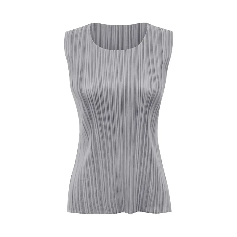 YUDX Miyake Pleated Female Round Neck Tank Top Japanese Casual Temperament Stretch Design Tops Summer Casual Versatile T-Shirt