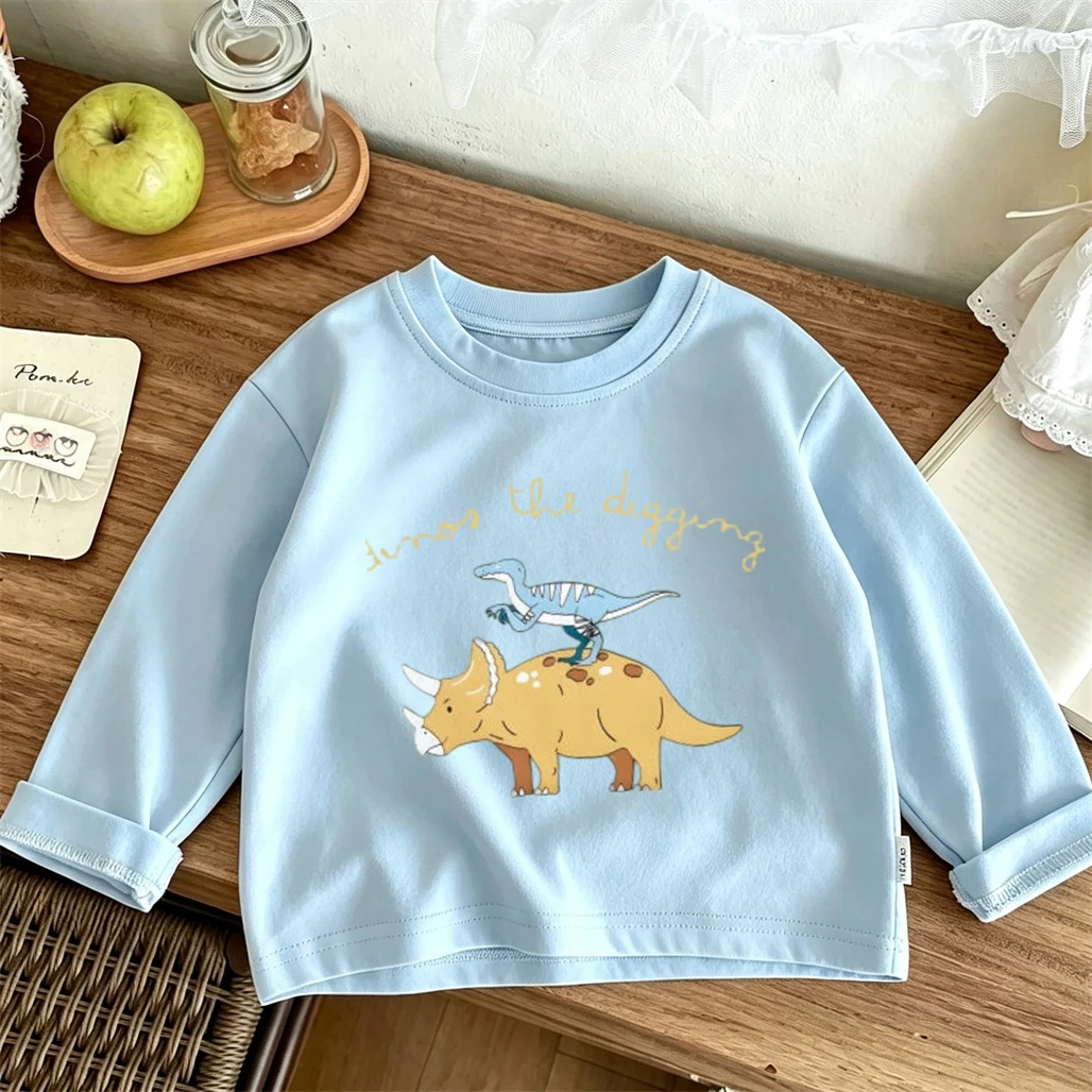 Dinosaur Print TShirt Pure Cotton Clothes Round Neck Base Shirt Boys And Girls New Design Long-sleeved Tops Kids Cartoon Tees