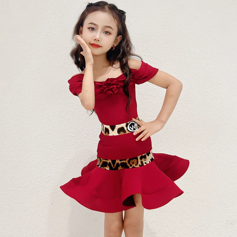 

Детский профессиональный костюм для латиноамериканских танцев: боди и юбка-«рыбья кость» с красным леопардовым принтом для выступлений