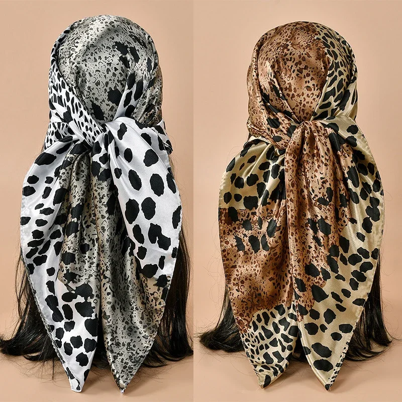 

90*90cm Leopard Printed Square Scarf Women Luxury Designers Scarf Fashion Dot Headband Matte Soft Satin Hair Band Handkerchief