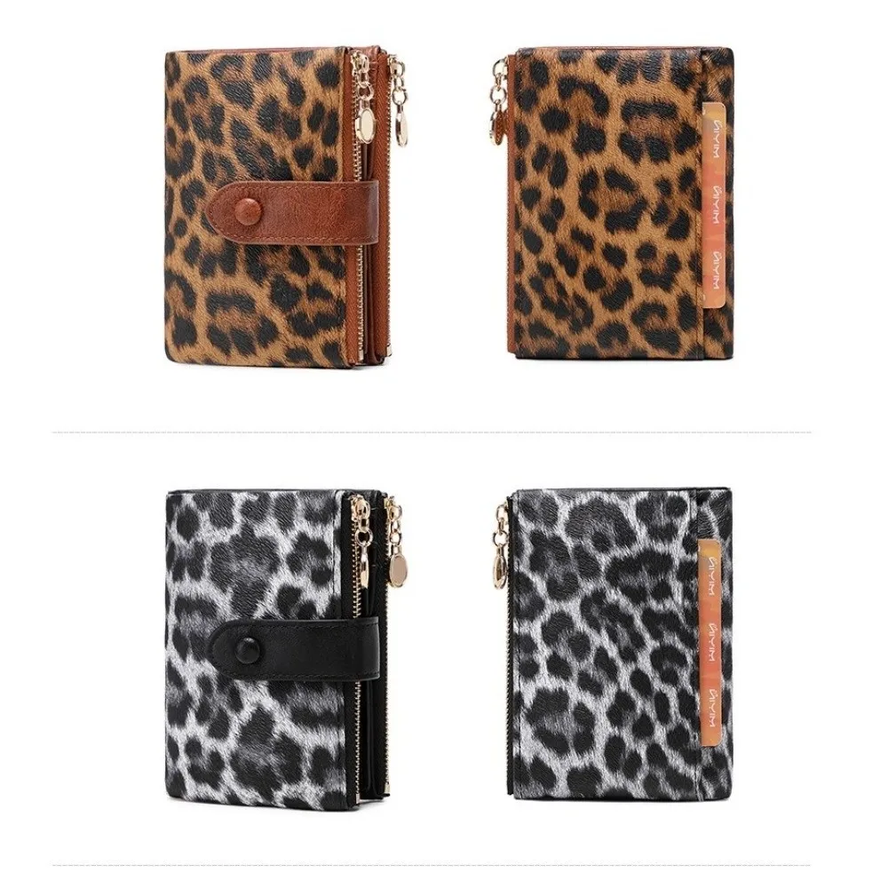 Leopard Print PU Leather Short Wallet Double Zipper Polyester Lining Trifold Wallet Large Capacity Multi Card Slots Coin Purse