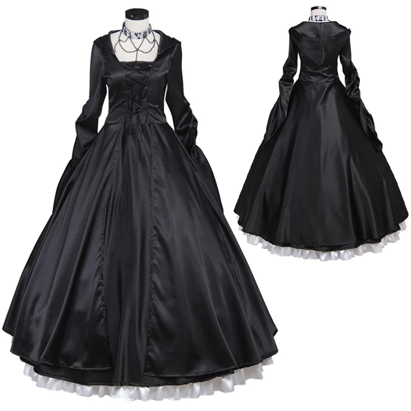 

1860s Victorian Rococo Black Long Sleeves Dress Inspiration Maiden Costume Bridal Ball Gown Women's Dress