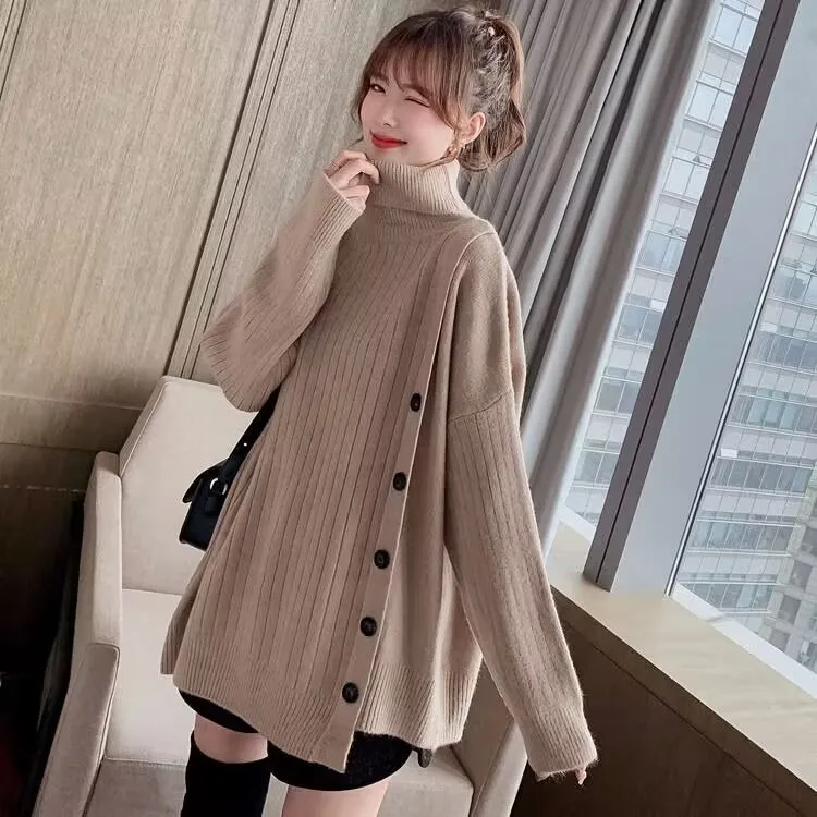 2025 New Turtleneck Pullover Sweater Women Autumn Winter Knitted Sweater Korean Style Button Casual Outwear knitted Sweater