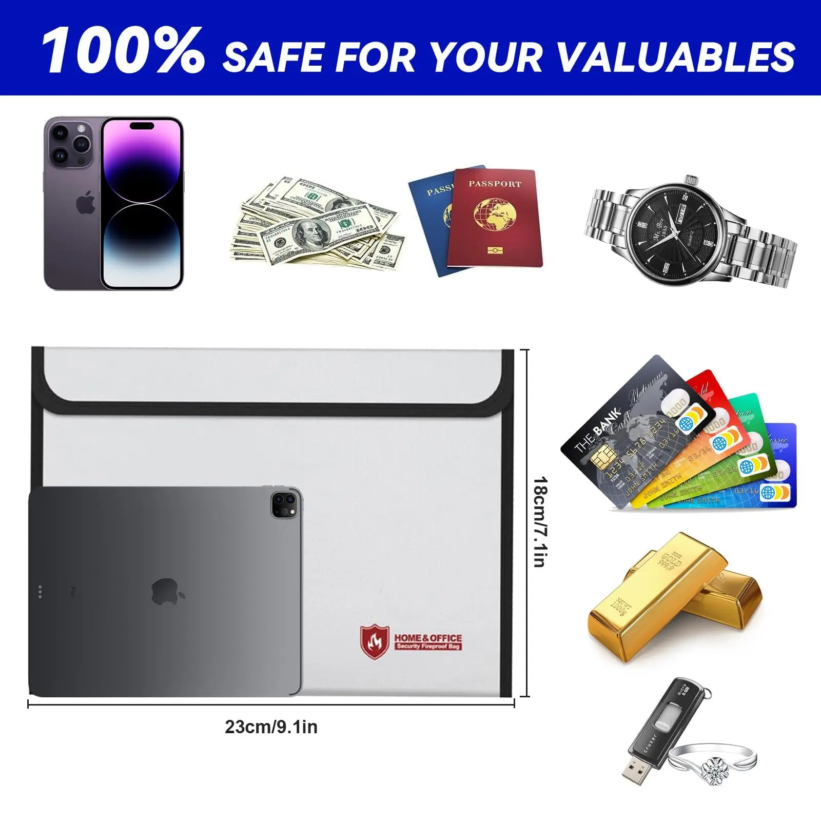 حقيبة مستندات مقاومة للماء 1800 ° F(1000 ℃ ) للنقود/الوثائق مع سحاب قفل، وحقيبة تنظيم المستندات المهمة