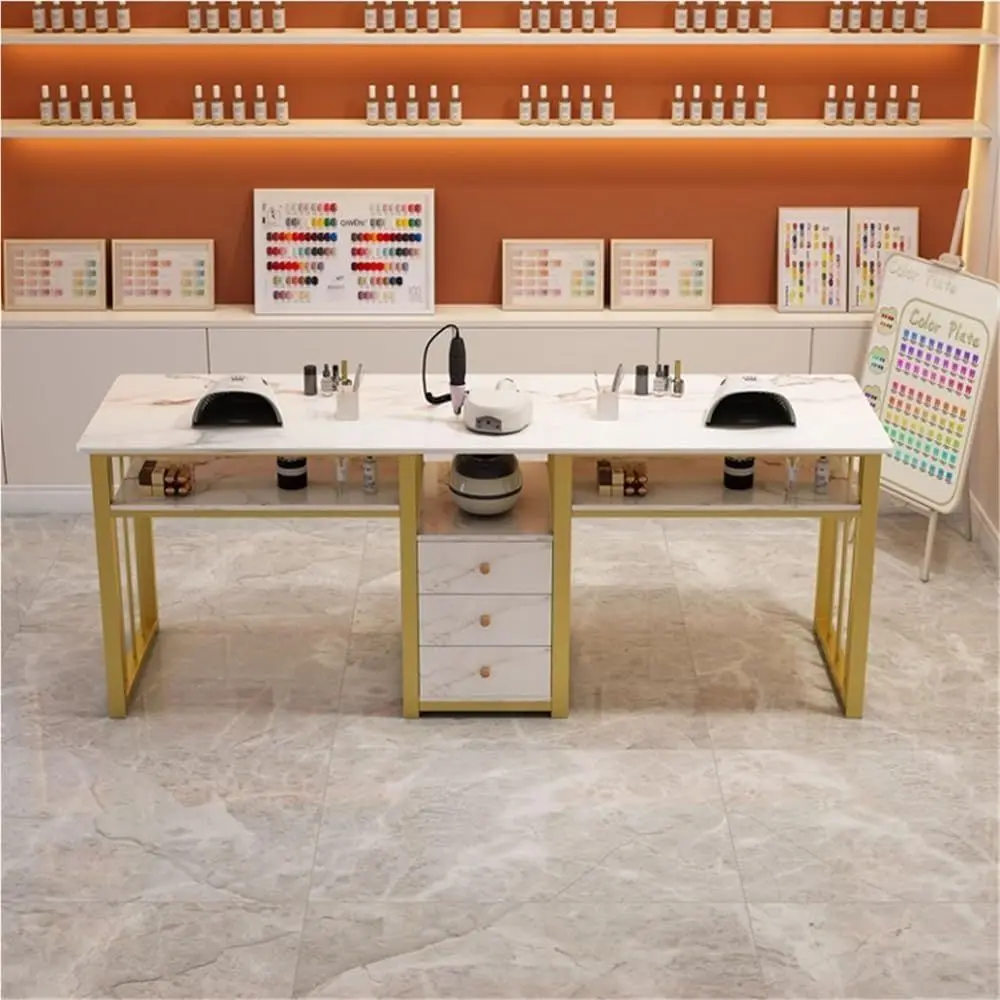 

Роскошная маникюрная станция для двоих с мраморной столешницей, 3 ящиками и золотой отделкой (160 см)