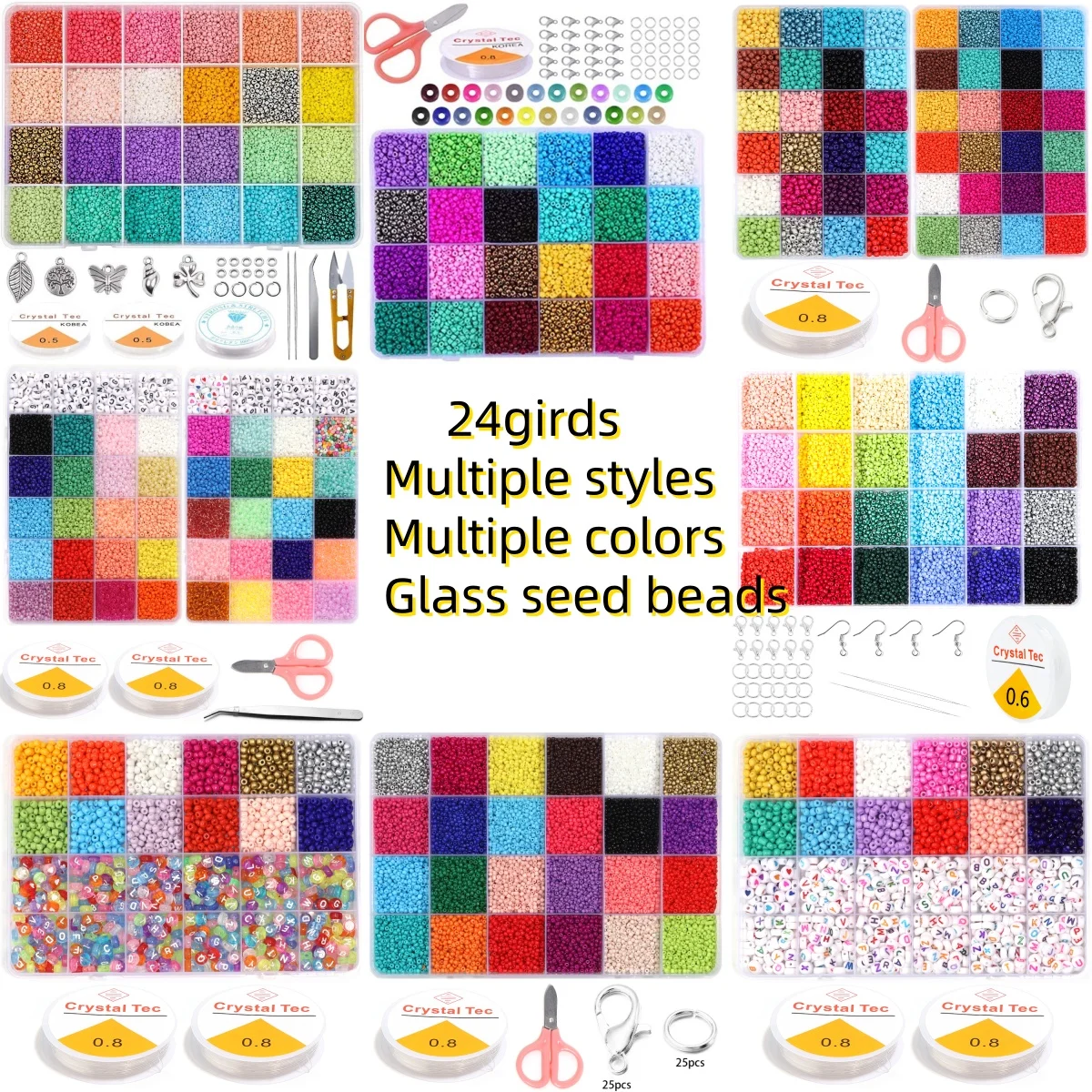 

24girds/box Multicolor Glass Seed Beads Loose Spacers Rice Beads for DIY Jewelry Making Kit Set with Letters Elastic String Ring