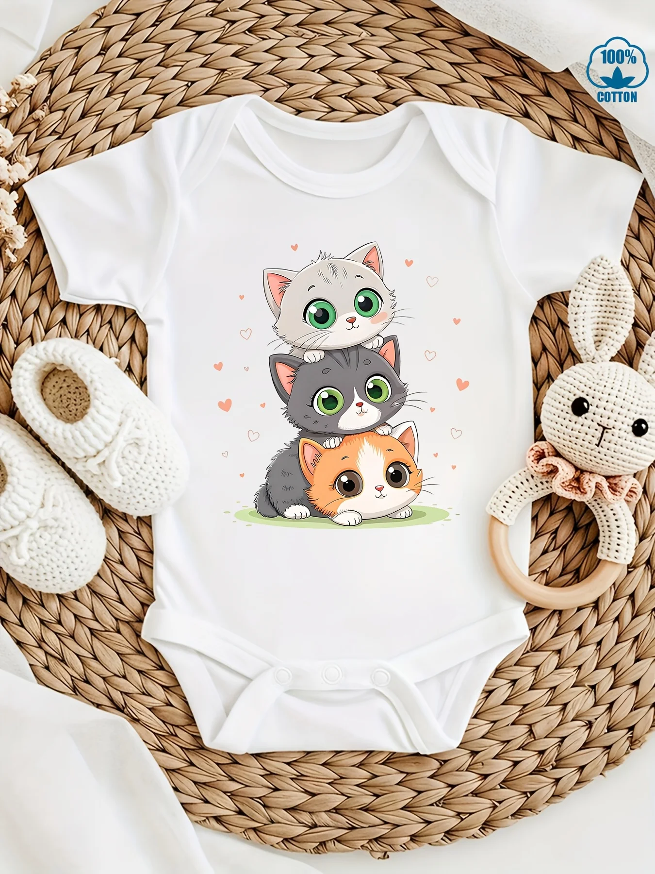 Cat Cartoon Pattern Infant Round Neck Short Sleeve Bodysuit Soft Breathable Easy Diaper Change Durable Snap Button Design Baby