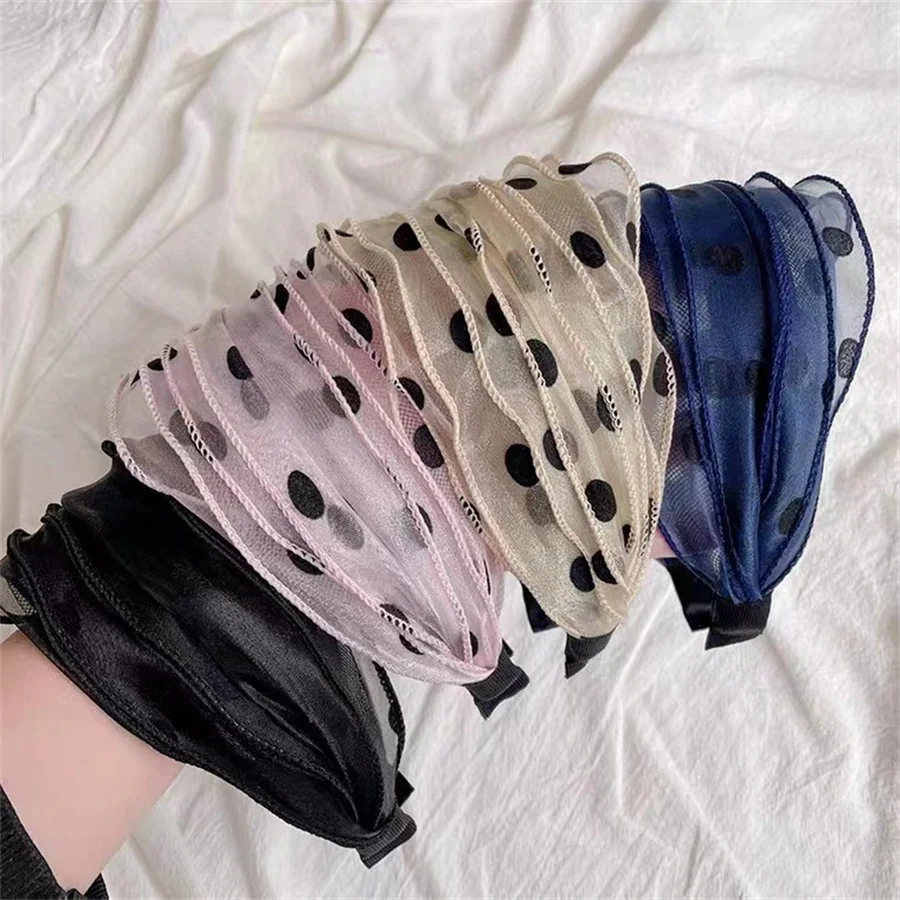 Hot sales New fashion retro printed wave headband women\'s lace mesh bow wide-brimmed hairband hairpin hair accessories wholesale