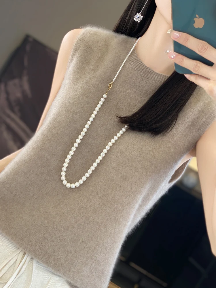 First-line ready-to-wear 100% pure cashmere sweater women's round neck sleeveless seamless bottoming shirt inside