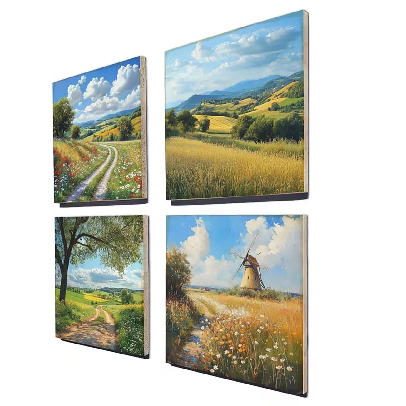4 Pack Wooden European Rural Wall Decor Windmill Wheat Field Wildflower Print Nano Tape Drill Free Farmhouse Wall Ornament