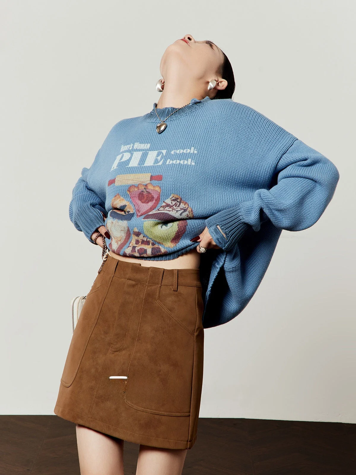 

Blue Knitted Loose Sweater Women's Spring New Sle Vintage Egg Tart Cake Pattern Loose Fit Knit Top by Zhou Li Wu