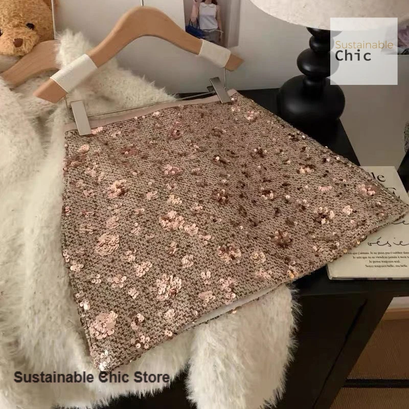 Jupe taille haute à paillettes scintillantes françaises, couleur assortie, nouvelle mode automne et hiver pour femmes, jupe Joker aux hanches.