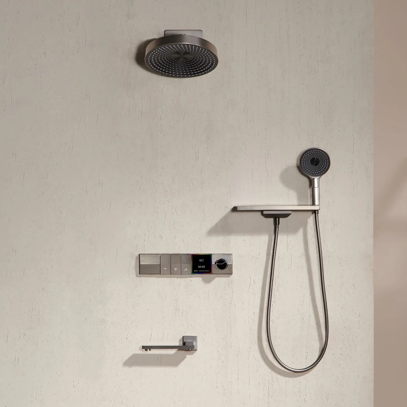 Brass Concealed Shower Head Set Hydroelectric Intelligent Constant Temperature In-Wall Hidden Shower Gun Gray Brushed Soft Rain