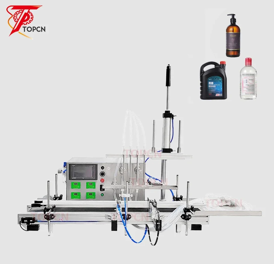 

4 Diving Nozzles Magnetic Pump Automatic Desktop CNC Oil Liquid Water Filler With Conveyor Perfume Filling Machine