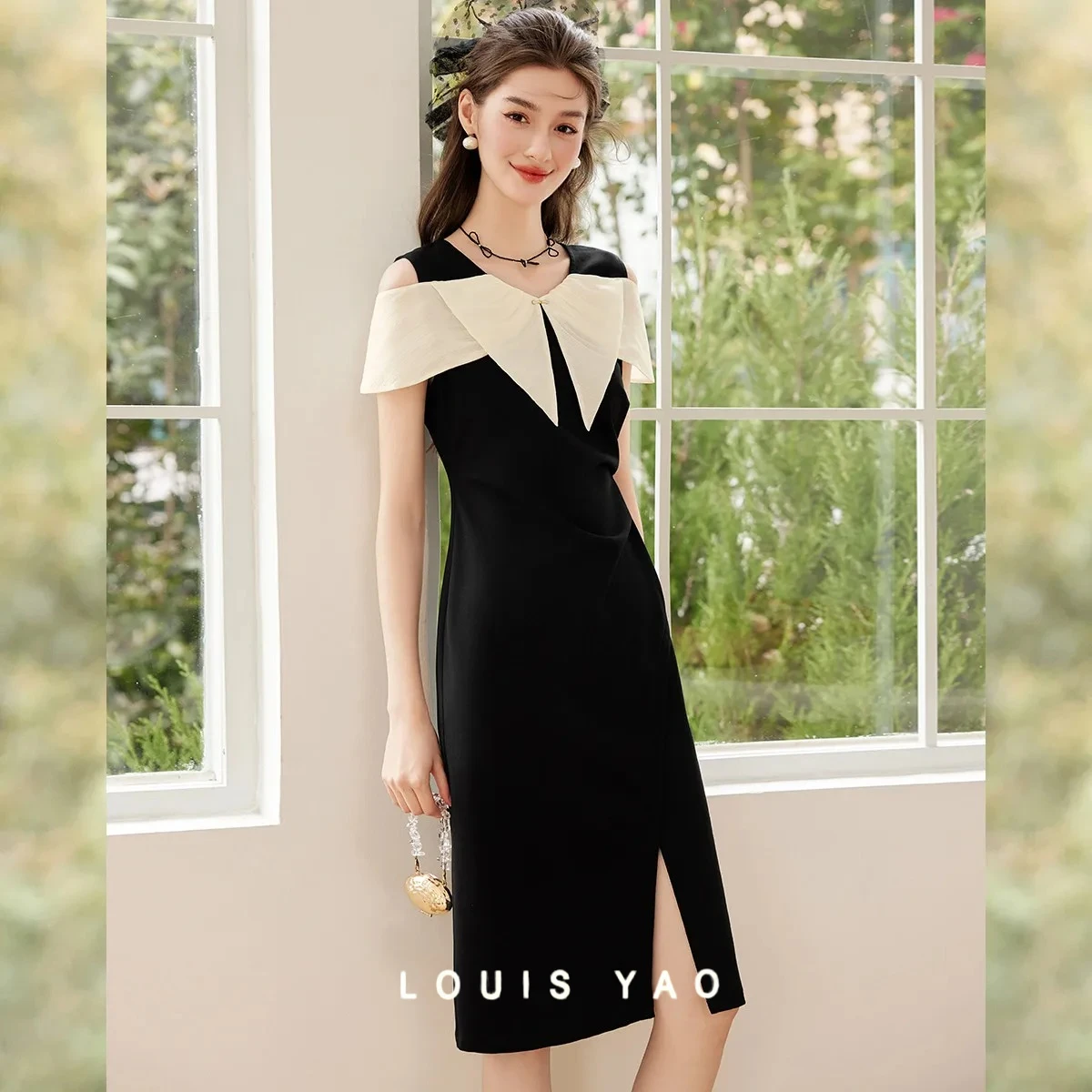 

LOUIS YAO Split Black Long Dress 2025 Summer New Micro Elastic V-neck Contrast Splicing Off Shoulder Medium Length Women's Dress