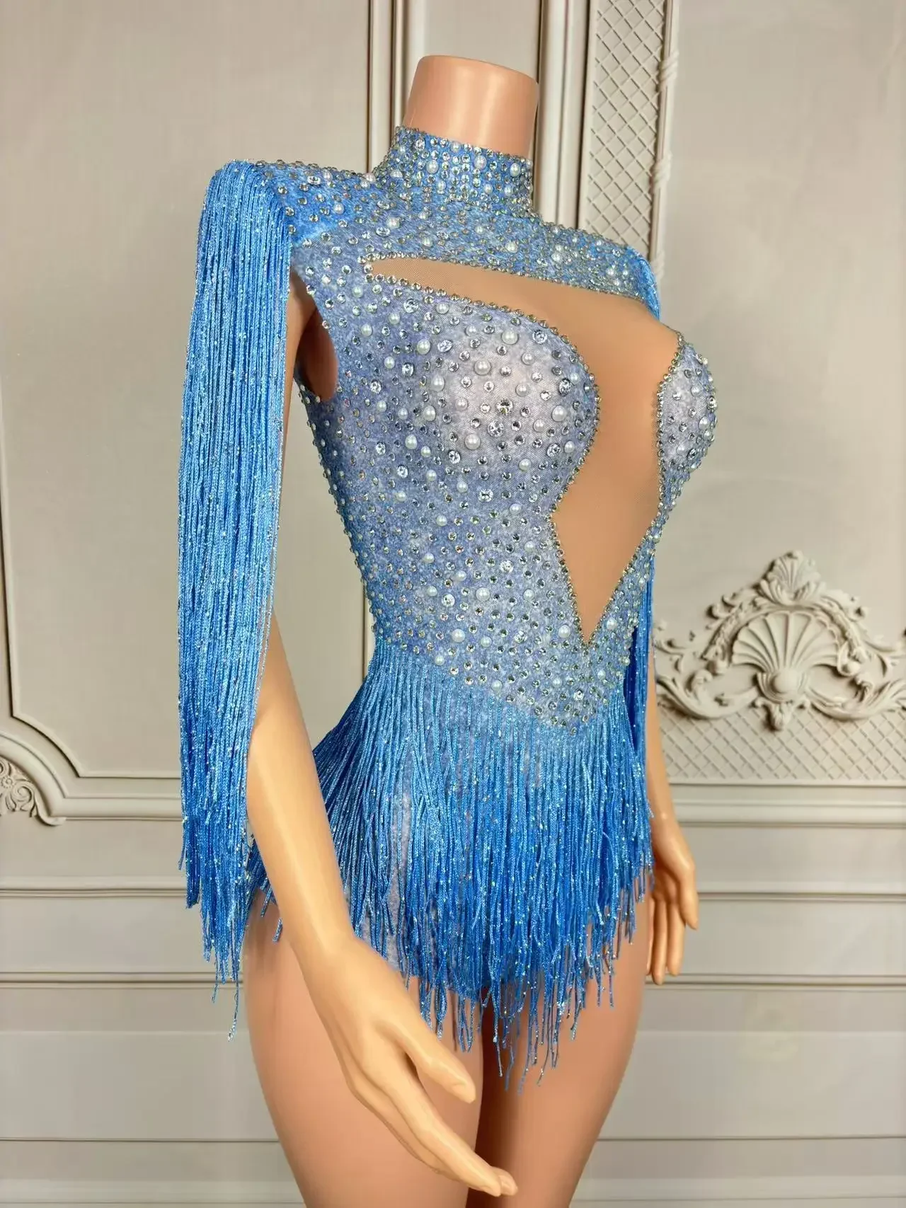 High Street Strech Transparent Performance Dance Costume Nightclub Celebrate Stage Outfit Sparkly Rhinstones Tassel Bodysuit